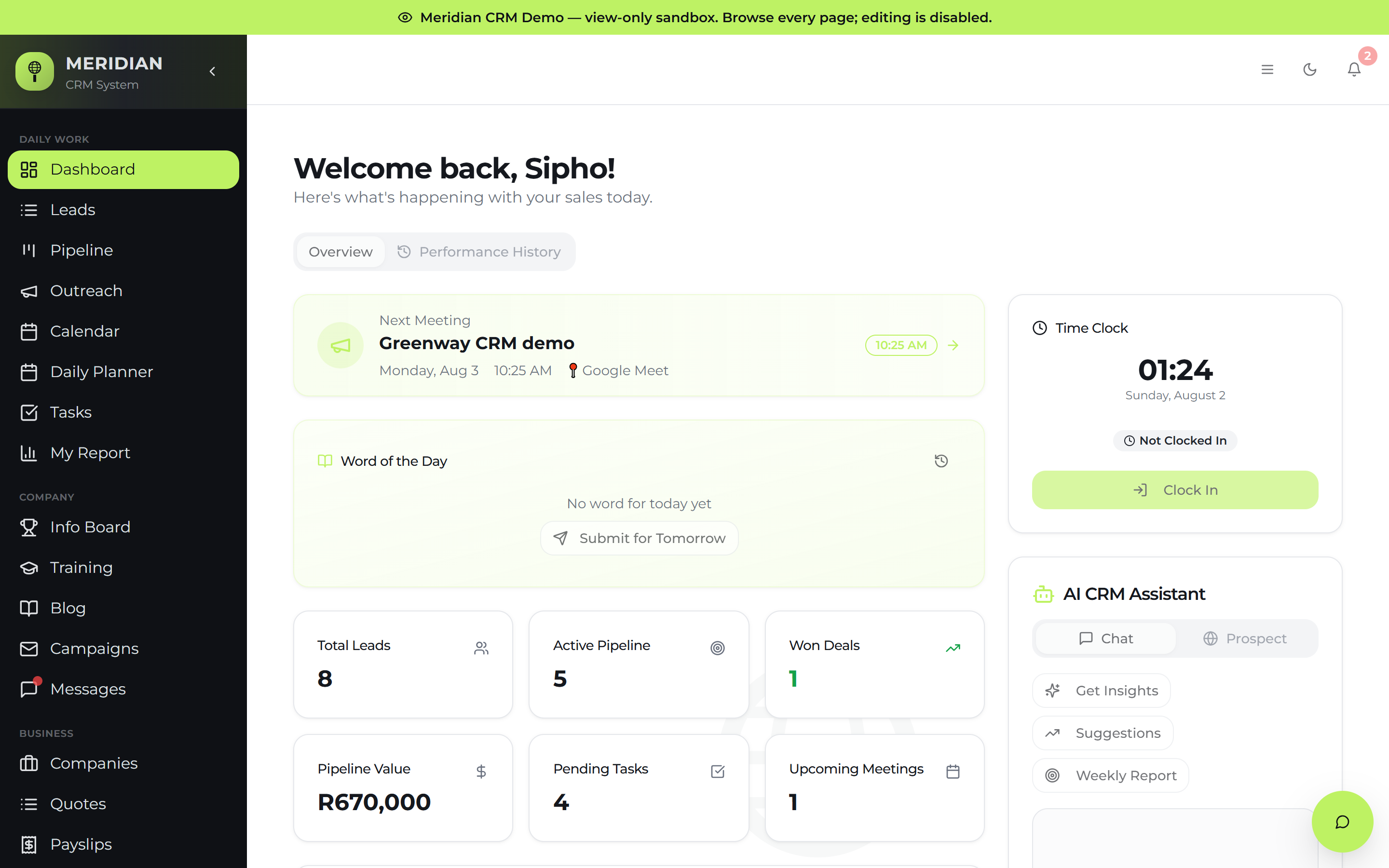 Meridian CRM — the live demo dashboard, signed in as a sales agent